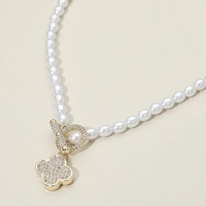 Gold Cream Pearl CZ 14K Gold Crystal Clover Pendant Chain Toggle Charm Necklace